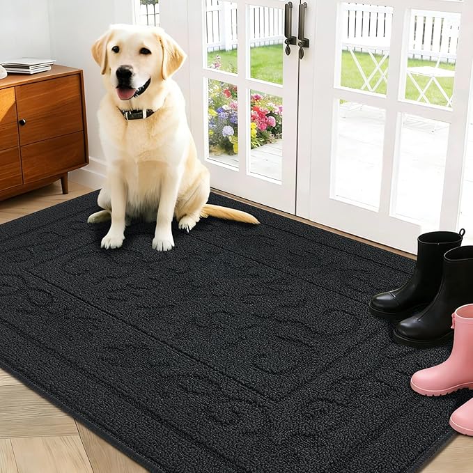 FONEYI Indoor Door Mat, Front Back Door Mat 32" x 48" Non-Slip Rubber Backing Door Rug, Machine Washable Entry Rug, Low Profile Absorbent Dirt Trapper Doormat Inside Floor Mats for Entryway, Black