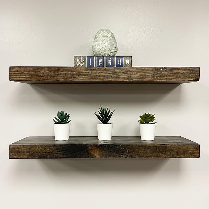 URBANDI, Rustic Floating Shelves, Set of 2, Hidden Bracket, Solid Wood, Heavy Duty, Wall Mounted Shelves, (Dark Brown, 24Wx10D)