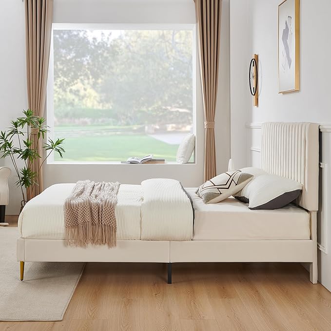 Queen Platform Bed Frame, Velvet Upholstered Bedframe with Vertical Channel Adjustable Headboard, Golden Plating Trim, Mattress Foundation with Wooden Slats, No Box Spring Needed, Beige