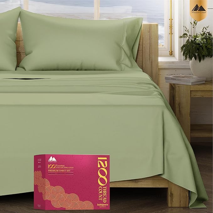 Mayfair Linen 100% Egyptian Cotton Sheets California King Size - 1200 Thread Count 4 PC Cal King Sheets Egyptian Cotton, Cooling Sateen Sheet, High Thread Count Sheet California King - Sage Green