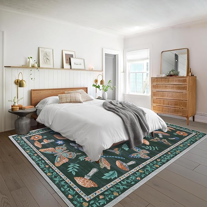 Mushroom 10x13 Area Rug for Living Room Washable Non Slip Forest Soft Low-Pile Stain Resistant Thin Large Throw Carpet for Bedroom Dining Room Office Black