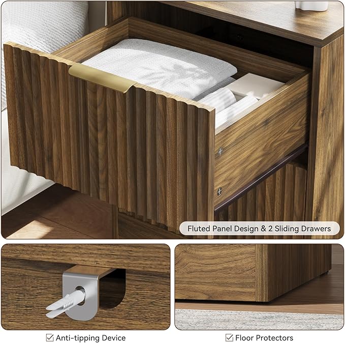 7 Drawer Dresser & Nightstand Set 3-Piece, 55” Wide Bedroom Dresser and Night Stand Set of 2 with Metal Handle, Fluted Modern Wood Chest of Drawers Storage Dressers Set for Bedroom, Walnut