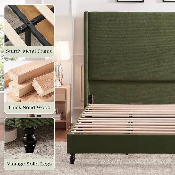 Queen Bed Frame with 63" Tall Headboard, Horizontal Fine Corduroy Bed Frame with Wingback, Upholstered Platform Bed, Vintage Solid Wood Gourd Legs, No Box Spring Needed, Green