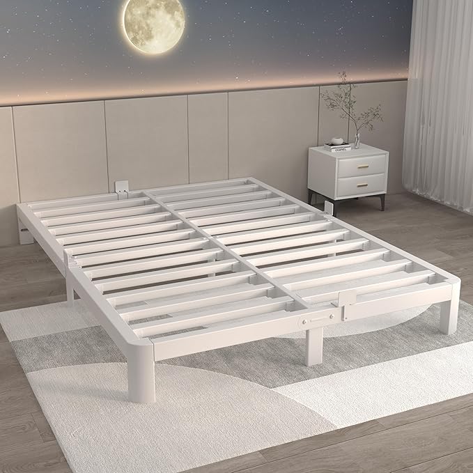 ITIMIDI 6 Inch White Full Size Bed Frame, Platform Bed Frames with Metal Gaskets, Heavy Duty Steel Support 3000 LBS, No Box Spring Needed, Anti-Slip Mattress Stopper, Easy Assembly