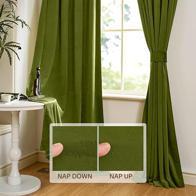 StangH Elegant Olive Green Velvet Curtains Christmas Decor Thermal Insulated Room Darkening Drapes for Home & Office, Heavy Soft Curtains, W52 x L100, 2 Panels
