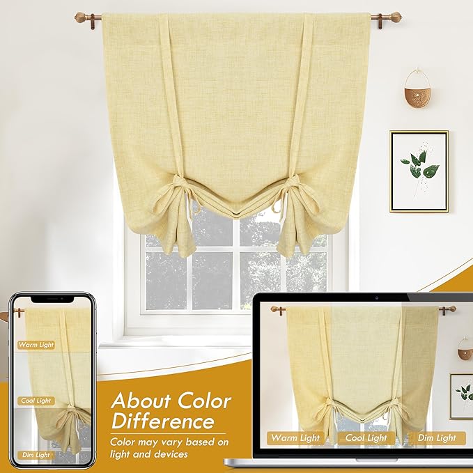 DriftAway Double Layer Linen Blackout Tie Up Curtains Thermal Insulated Fully Lined Balloon Roman Shade Bathroom Window Adjustable Rod Pocket for Small Window 39 Inch by 55 Inch Yellow