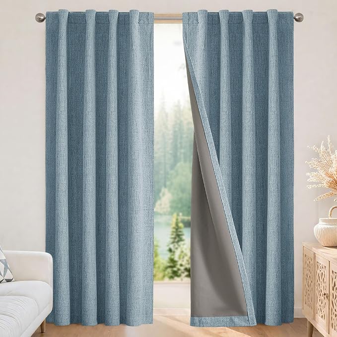 Joydeco Blackout Curtains for Bedroom - 100% Light Blocking 2 Panels Sky Blue Drapes 42" W x 63" L, Thermal Insulated Room Darkening Curtains, Linen Textured for Living Room, Rod Pocket & Back Tabs