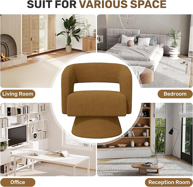 Swivel Accent Chair Set of 2, Modern Comfy Teddy Barrel Chairs, Oversized Upholstered Round Arm Chair for Living Room, Bedroom, Reading Room, Brown