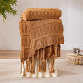 Boho Knitted Chenille Blanket with Tassels - Lightweight & Soft All-Season Throw - 3D Classic Pattern for Living Room Bedroom Couch, Amber Brown, Twin 60"x80"