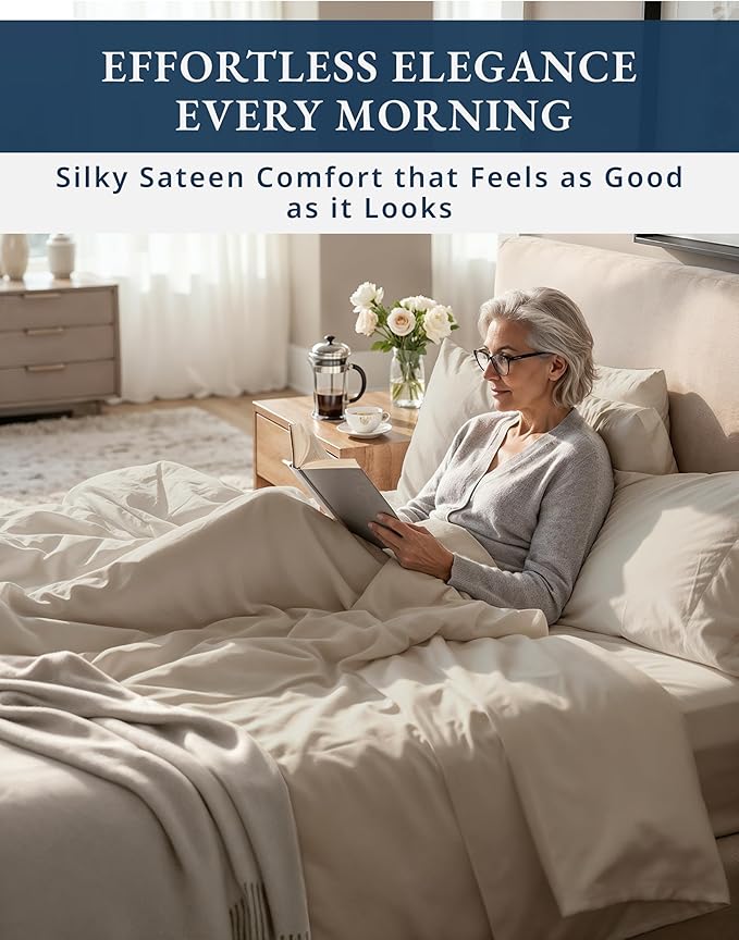 100% Egyptian Cotton Sheet Set Queen Size – 1000 Thread Count Silky Sateen Weave Queen Sheet Set for Good Sleep Comfort, 15" Snug Fit Deep Pocket, Breathable, Hotel-Quality Luxury You Can Feel - Taupe
