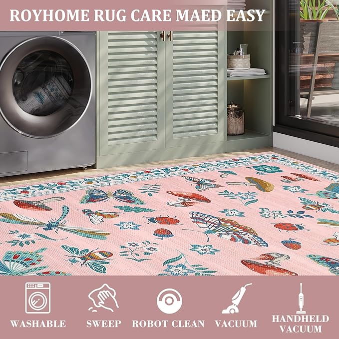 Mushroom Insect 2x6 Runner Rug for Hallway Washable Kitchen Rugs Non Slip with Rubber Back Pink Low-Pile Stain Resistant Indoor Carpet for Entryway Bathroom Laundry Dorm