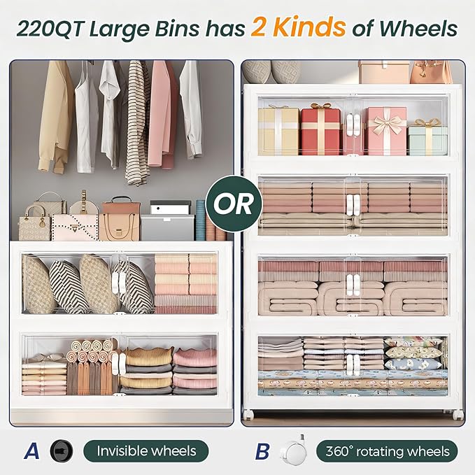 660QT Extra Large Stackable Storage Bins with Lid, 165Gal Collapsible Storage Box with Wheels and Doors, Plastic Closet Organizers and Storage Cabinet for Home Kitchen Office Dorm, 3Pack White