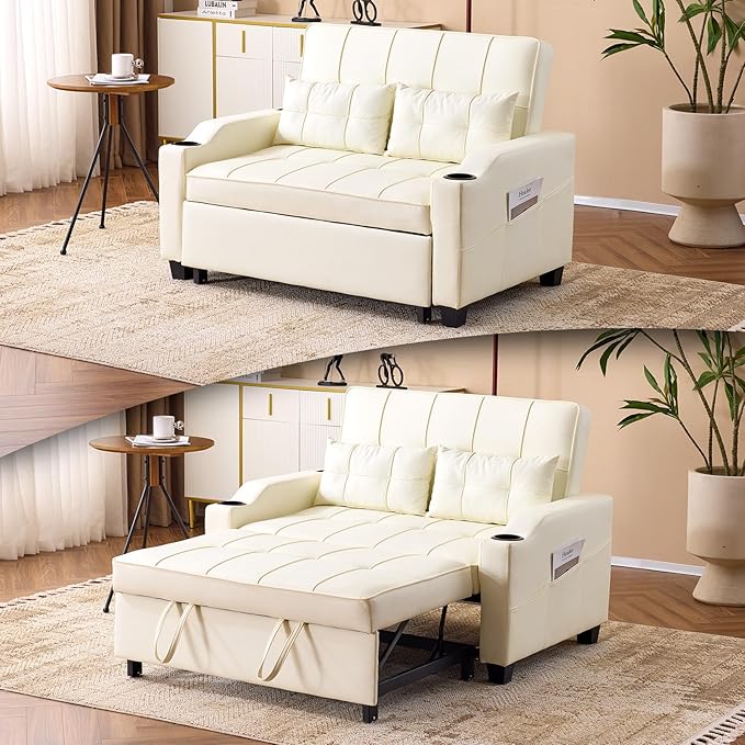 VINGLI Beige Loveseat Sleeper Sofa, Convertible Futon Sofa Bed Faux Leather Pullout Couch Bed with USB Ports, Cup Holders, Armrest for Living Room, Bedroom, Home Office Apartment
