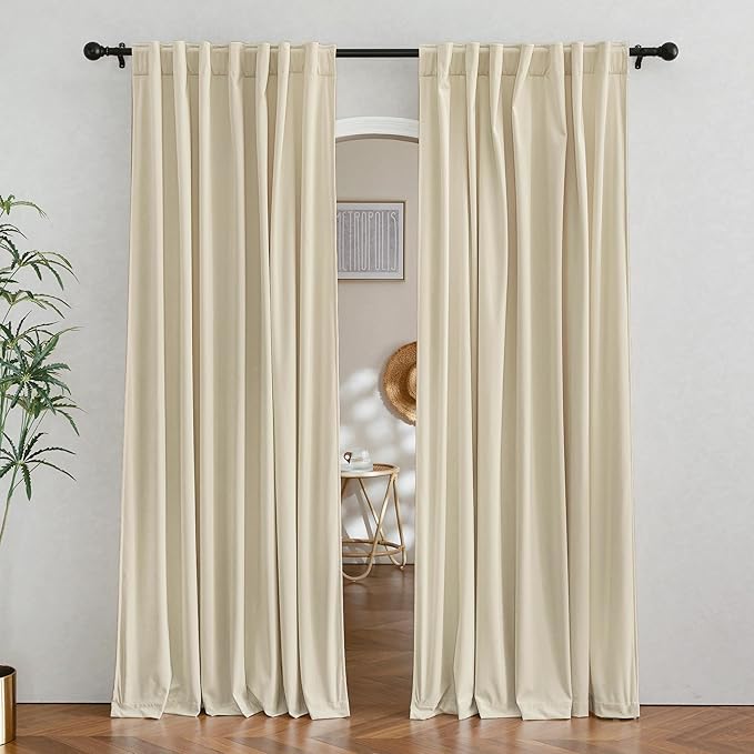 RYB Home Light Beige Velvet Curtains 96 inches Long - Super Soft Bedroom Window Curtains & Drapes Energy Efficiency Boho Decor for Living Room Bay Window, W62 x L96, 2 Panels