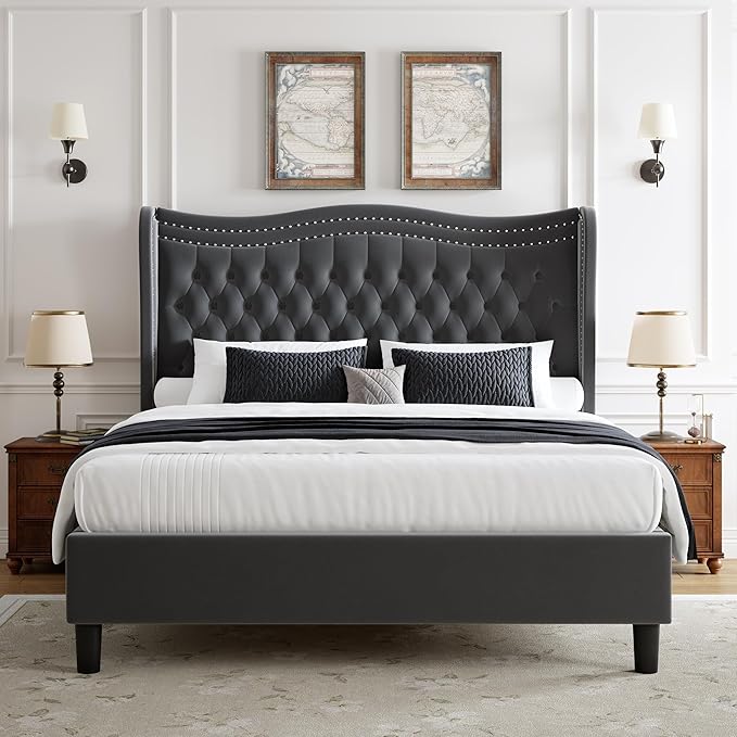 Upholstered Queen Size Bed Frame with Tall Headboard, Velvet Wingback Platform Bed Frame with Deep Button Tufted, No Box Spring Needed, Noise Free, Grey