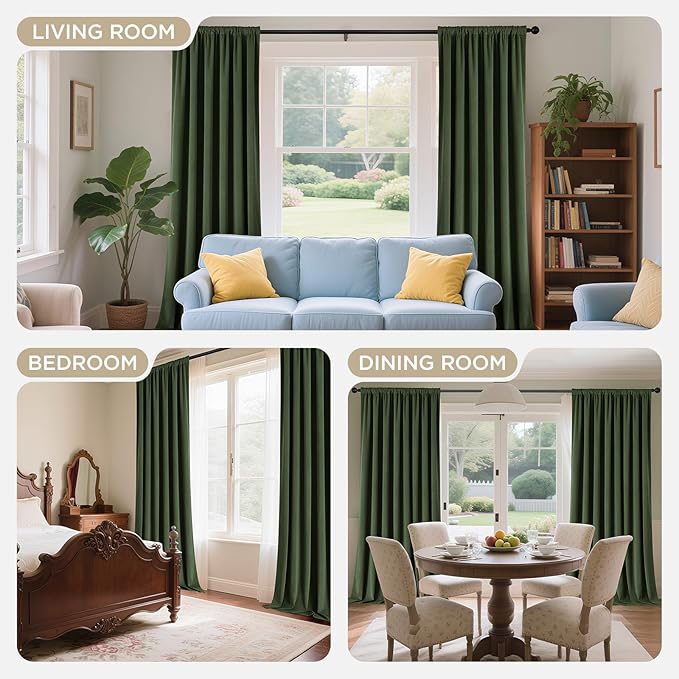 Joydeco Olive Green 100% Blackout Curtains 102 Inch 2 Panels, Luxury Thermal Green Velvet Curtains for Bedroom Living Room, Soundproof Blackout Window Drapes, Rod Pocket & Back Tab (52W x 102L)