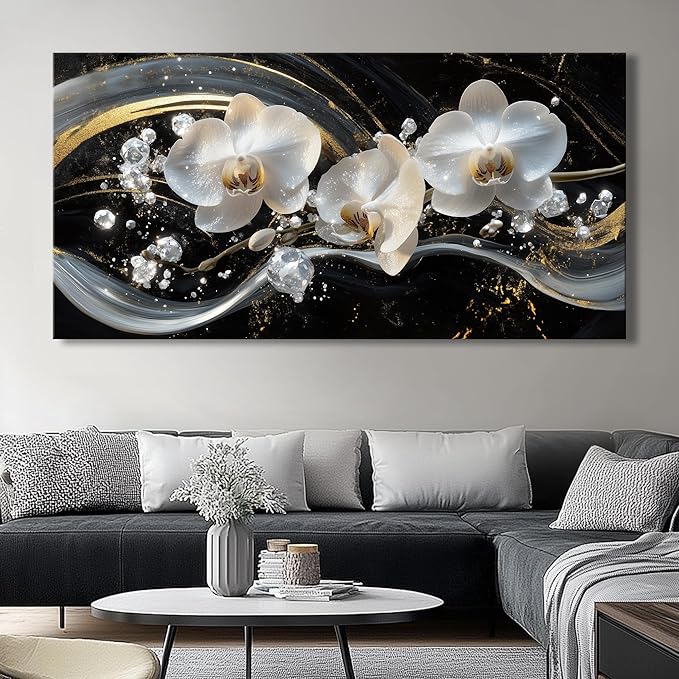 White Orchid Canvas Wall Art - Modern Floral Picture for Living Room, Bedroom Wall Decor, Framed Wall Art for Home Decoration, Elegant Flower Paintings Ready to Hang, Large Wall Art 50x100cm(20x40in)