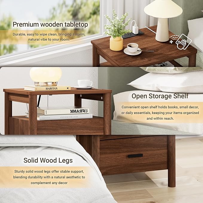 FavourLife Night Stand Set 2, 20" Wide Nightstands Set of 2, Modern Nightstand with Charging Station, 2 Drawer Wooden End Table with Solid Round Post Legs, Bedside Table w/Storage for Bedroom, Walnut