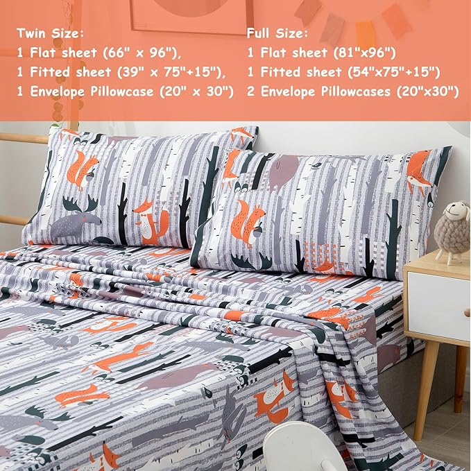 JSD Woodland Animals Kids Printed Sheets Set Twin, 3 Piece Soft Fox Microfiber Bed Sheets Deep Pocket