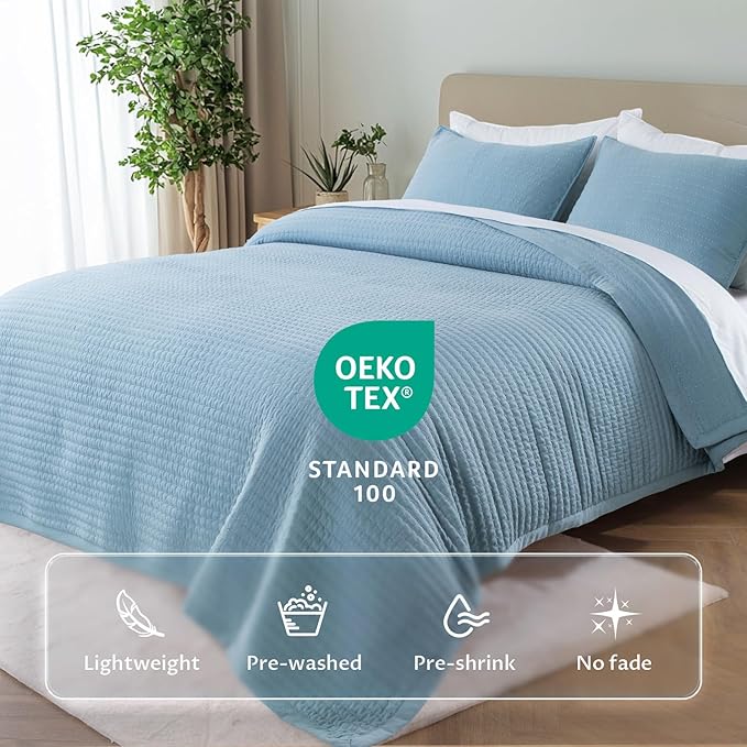 Oversized King Quilt Set 112"x106" – Soft Washed 3-Layer Lightweight California King Bedspread, Minimalist Nordic Design, All-Season Spring & Summer Quilt Set (1 Quilt + 2 Pillow Shams), Blue