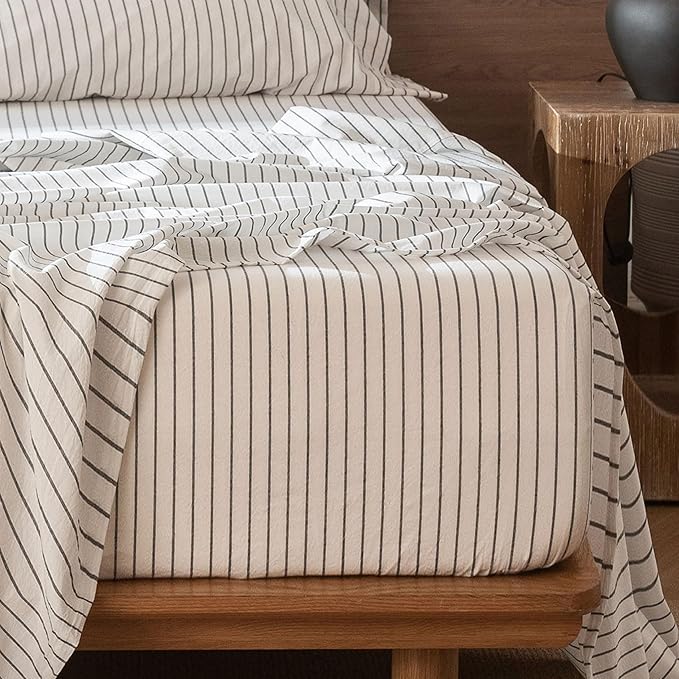 MooMee Fitted Bottom Sheet Only 100% Washed Cotton Linen Like Textured Breathable Durable Soft Comfy Deep Pocket Fits Mattress up to 17" (White Dark Grey Wide Stripes, King)