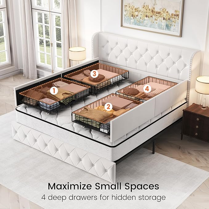 LARMACE King Size Bed Frame with 4 Storage Drawers and Wingback Headboard Velvet Upholstered Platform Bed Frame Tufted Beds with Wooden Slats Support, Easy Assembly, White