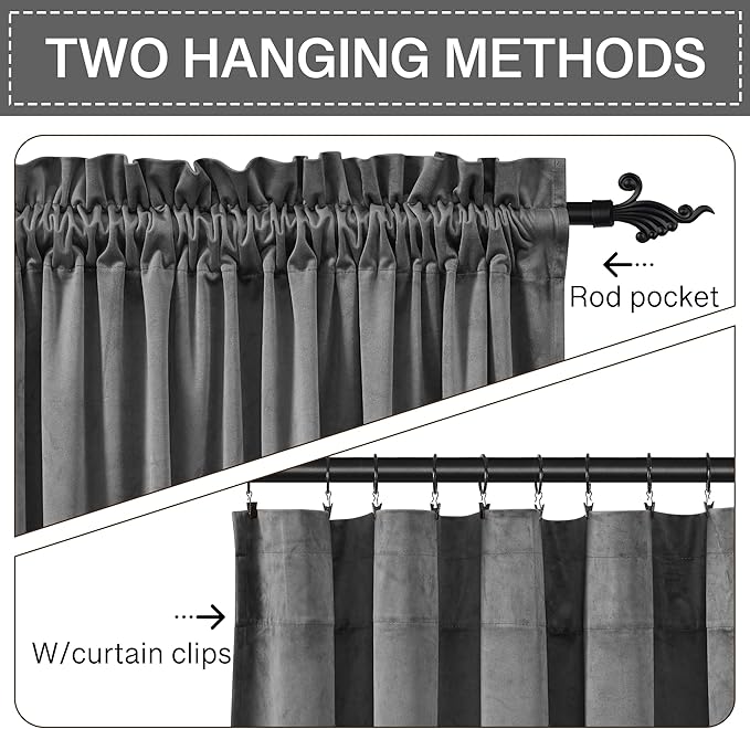 StangH Grey Velvet Curtains 84 inches Long - Soft Thick Velvet Blackout Window Drapes Thermal Insulated Window Treatment for Bedroom/Living Room/Dorm, W52 x L84 Per Panel, Set of 2