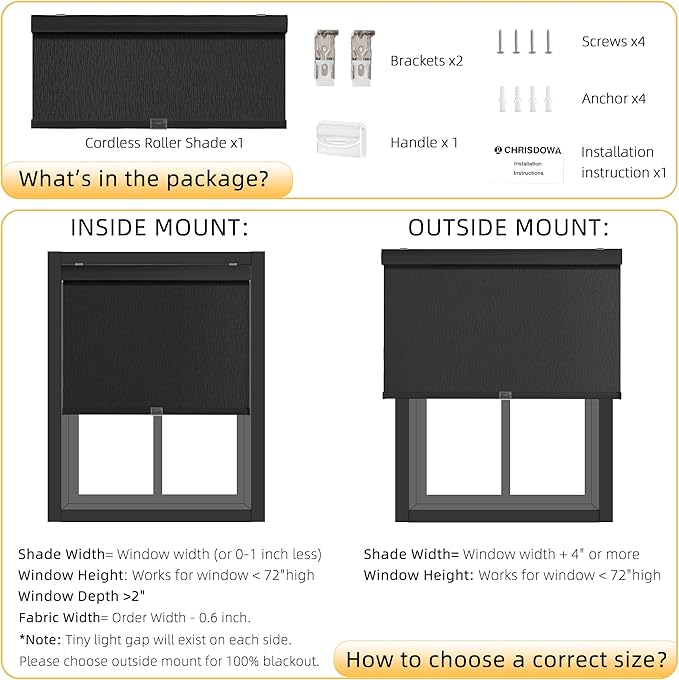 ChrisDowa Cordless Blackout Roller Shades for Windows, Striped Free-Stop Window Blinds with Privacy, Thermal Insulated Window Shades for Home, Office and Door. Black, 21" W x 72" H