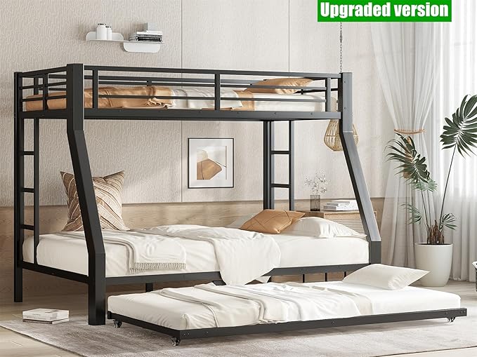 Higher Quality & Stronger Heavy Duty Metal Bunk Bed Frame Twin Over Full Size with Twin Size Trundle for Adults Teens, Thickened More Stable Steel Bunkbed (Twin Over Full with Trundle)