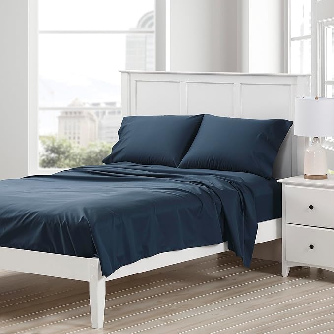 Cuddledown Dreamstead 100% Cotton Bed Sheets Set | 300 Thread Count | Luxurious Sateen Weave | Pure Combed Cotton | Soft | Wrinkle Resistant | 4 Piece Set | Navy | Full | 54” x 75"