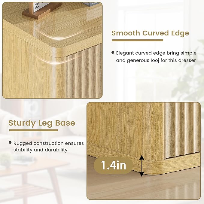 Fluted Nightstand with 3 Drawers, Wood Night Stand with Storage, 25" Wide Side Table, Modern Bedside Table for Bedroom, End Table for Living Room, Handleless Design, Curved Profile, Natural Oak 1PC