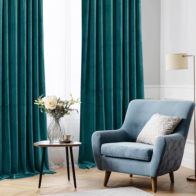 StangH Teal Velvet Blackout Curtain Panels Vintage Style Privacy Farmhouse Curtains Thermal Insulated Curtains for Sliding Glass Door/Guest Room, 52 x 96-inch, 2 Pcs