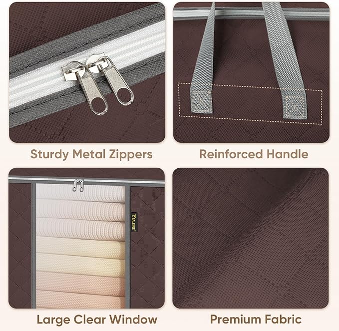 BALEINE 8 Pack Clothes Storage Bags, 24 Gallon Storage Containers with Reinforced Handle, Sturdy Zipper, Closet Organizer for Blanket, Comforter, Pillow, Bedding (Brown, 8 Pack)
