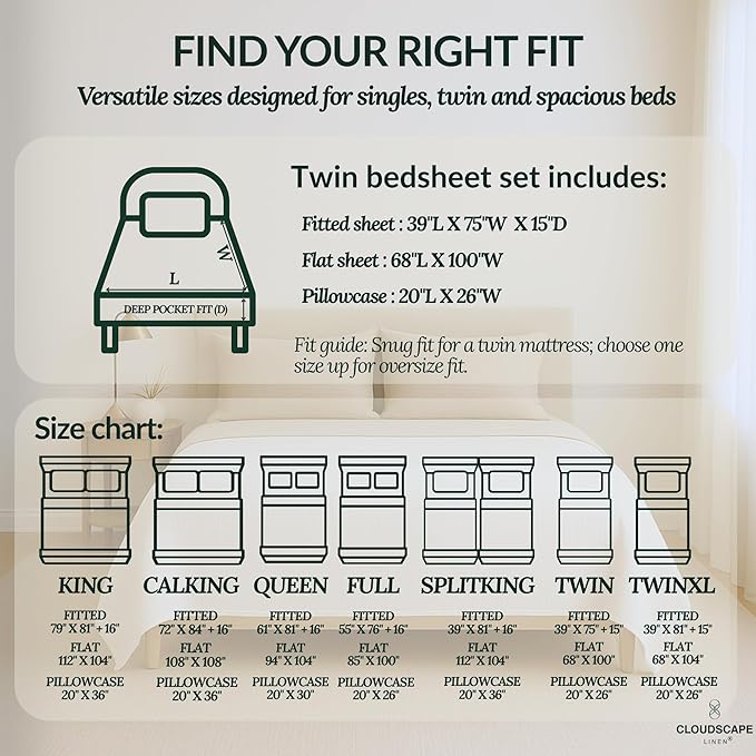 Cloud Scape Linen 100% Egyptian Cotton Sheets Twin Size, 3 Pieces Luxury Bedding Set, 400 Thread Count,Hotel Quality, Silky Soft, Breathable and Durable, Deep Pockets up to 15, Taupe