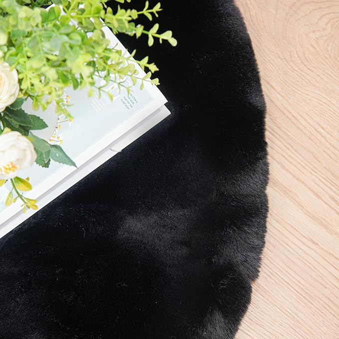 Black Rabbit Shaggy Fur Rug for Bedroom Washable Furry Circle Area Rugs for Living Room Kids Small Round Rug 3ft Nursery Rug