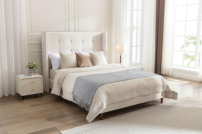 Queen Size Upholstered Bed Frame, 54" Tall Headboard Platform Bedframes with Nail Head Decorative Wingback, Hand Buttoned Tufting Headboard Beds/No Box Spring Needed/Minimalism, Ivory Velvet
