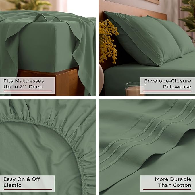 Mellanni California King Sheet Set - 6-Piece Iconic Collection Bedding, (Including 4 Pillowcases), 21-Inch Extra Deep Pocket, Easy Care, Ultra Soft, Cooling Sheets, Brushed Microfiber - Sage