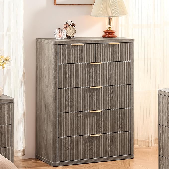 LEYAOYAO Fluted Dressers & Nightstand Set of 3, Wood 48" Wide Dresser & 42" Tall Chest of Drawers,Modern Bedroom Furniture Sets, Grey Wooden Nightstand with 3 Drawers & Charging Station