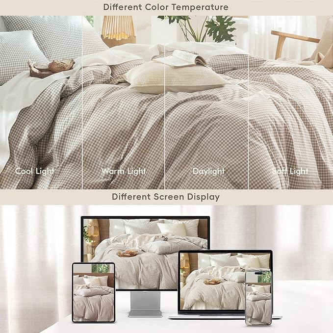 MooMee Gingham Duvet Cover Set 100% Washed Cotton Linen Like Textured Breathable Durable Soft Comfy Modern Checkered Design (Mini Gingham Tannish Linen Grey, Full 80"x90")