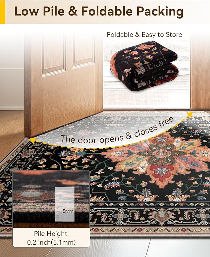 Area Rugs Square 7ft Washable Non-Slip, Floral Vintage Distress Print Pattern Medallion Carpet for Living Room Bedroom Dining Room, Black Colorful Floral Dark Tan
