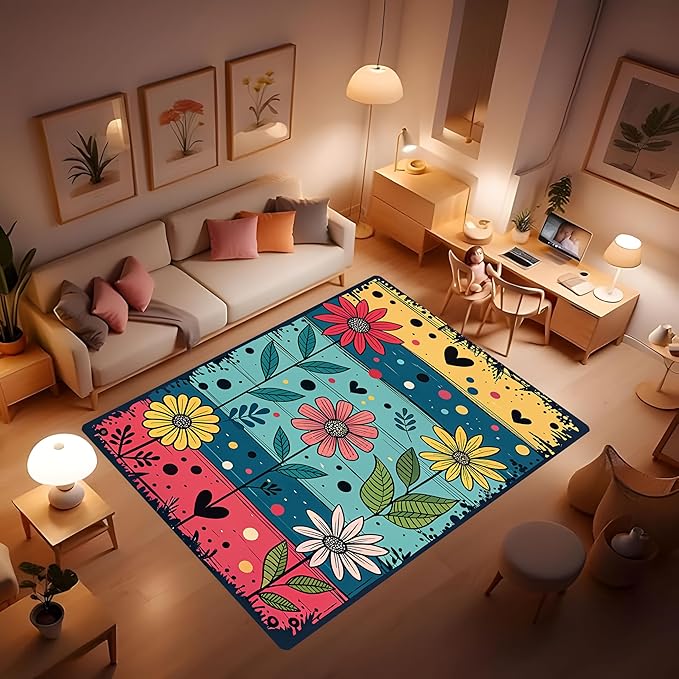Machine Washable 2' x 3' Folk Art Print Style Area Rug, Flowers Floor mat, Suitable for bedrooms, Girls' Room Bedside, Living Room, Dining Room, Office, Non-Slip Low-Pile Retro, Fashionable Carpet