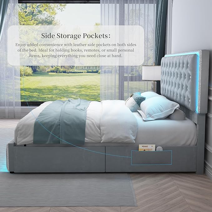 Full Led Bed Frame with 2 Drawers, Upholstered Platform Storage Bed Frames Full Size with Crystal Button Tufted Headboard Footboard, Solid Slats, Noise Free, No Box Spring Needed, Velvet Grey