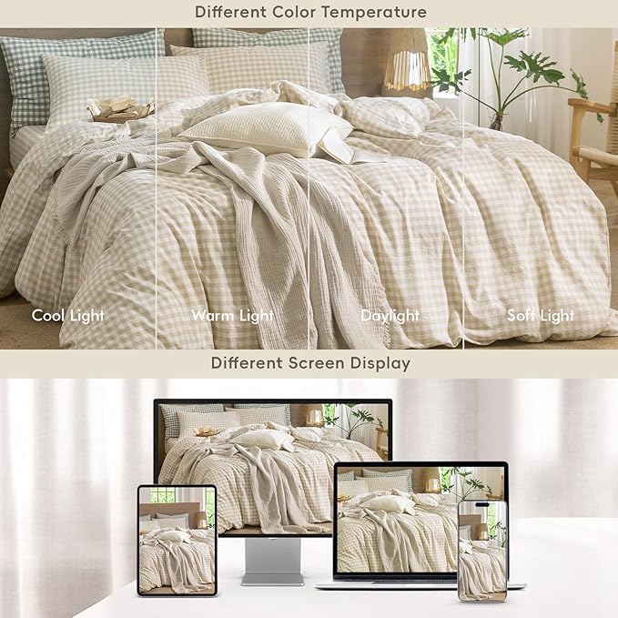MooMee Gingham Duvet Cover Set 100% Washed Cotton Linen Like Textured Breathable Durable Soft Comfy Modern Checkered Design (Almond Milk Grey Gingham, Full 80"x90")