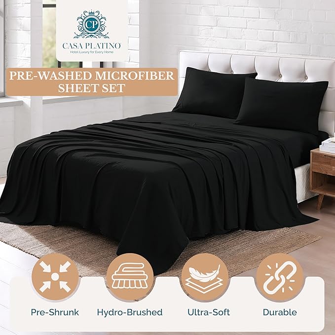 Casa Platino Ultra Soft Microfiber Bedding, Full Size Sheet Set with 15 inch Deep Pockets - Black