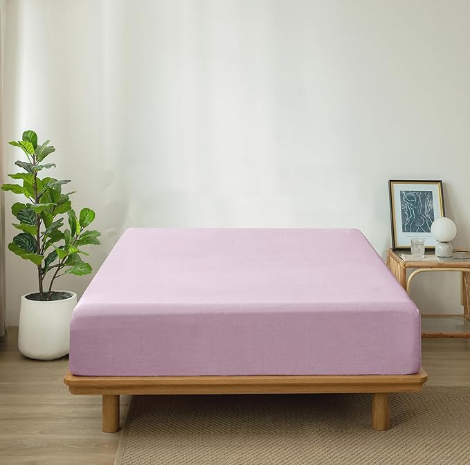 MooMee Fitted Bottom Sheet Only 100% Washed Cotton Linen Like Textured Breathable Durable Soft Comfy Deep Pocket Fits Mattress up to 17" (Light Purple, King)