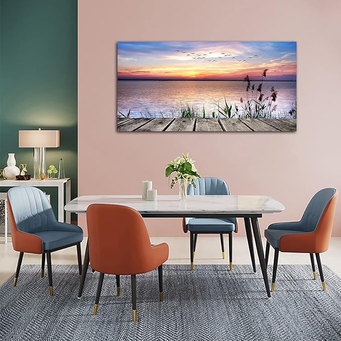 Canvas Wall Art Lake Dock Sunset Scenery Flying Birds Picture Large Beach Sunset Landscape Canvas Artwork Contemporary Nature Pictures for Living Room Bedroom Home Office Kitchen Wall Decor 24" x 48"