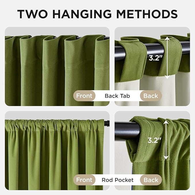 Joydeco Moss Green 100% Blackout Curtains 90 Inch 2 Panels, Luxury Thermal Green Velvet Curtains for Bedroom Living Room, Soundproof Blackout Window Drapes, Rod Pocket & Back Tab (52W x 90L)