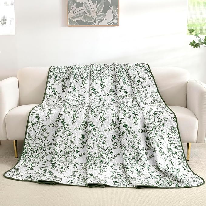 WONGS BEDDING Quilt King Size, Green Quilt Bedding Set with 2 Pillowcases, Botanical Quilt for King Bed, Soft Microfiber Lightweight Coverlet Bedspread for All Season (110"×90", 3 Pieces)