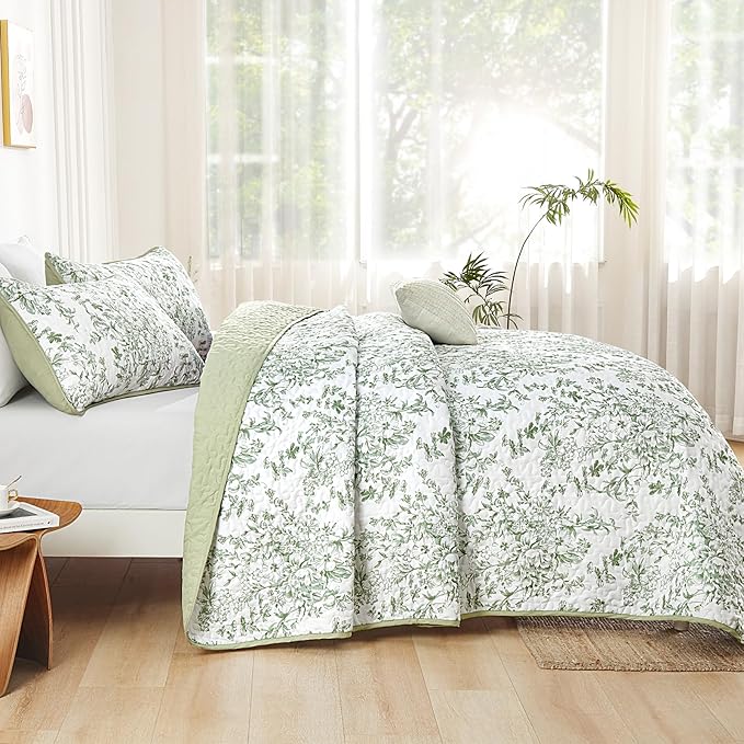 WONGS BEDDING Quilt Full Size, Sage Green Quilt Bedding Set with 2 Pillowcases, Botanical Quilt for Full Bed, Soft Microfiber Lightweight Coverlet Bedspread for All Season (78"×90", 3 Pieces)