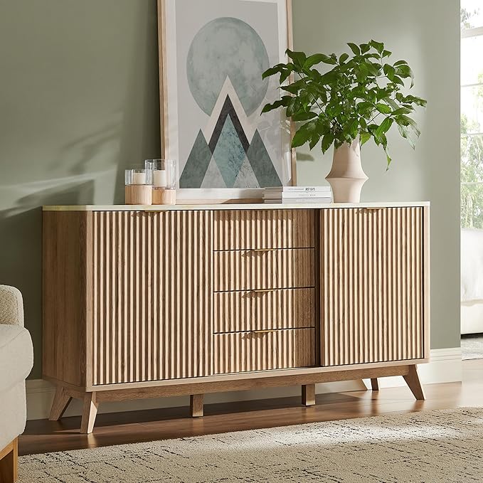 T4TREAM 60" Fluted Dresser with Sliding Doors and 4 Drawers, Modern Chest w/Faux Marble Top, Curved Profile Design, Dresser TV Stand, Wood Drawer Organizer for Bedroom, Living Room, Natural Oak